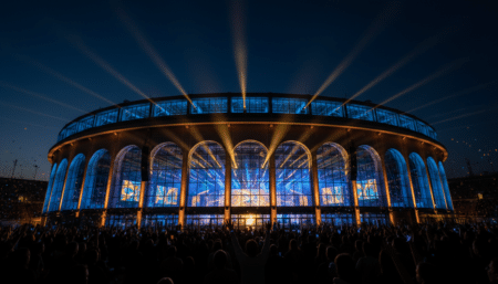 La Wiener Stadthalle de Vienne illuminée pour l'Eurovision 2026