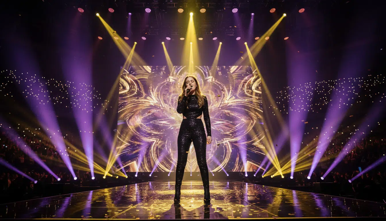 Chanteuse sur scène lors d'une prestation Eurovision sous les projecteurs