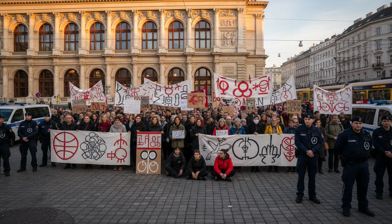Manifestation devant une salle de concert à Vienne avec présence policière