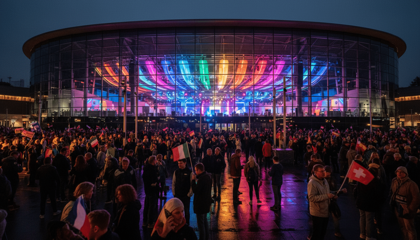 La St. Jakobshalle de Bâle illuminée pour l'Eurovision 2026