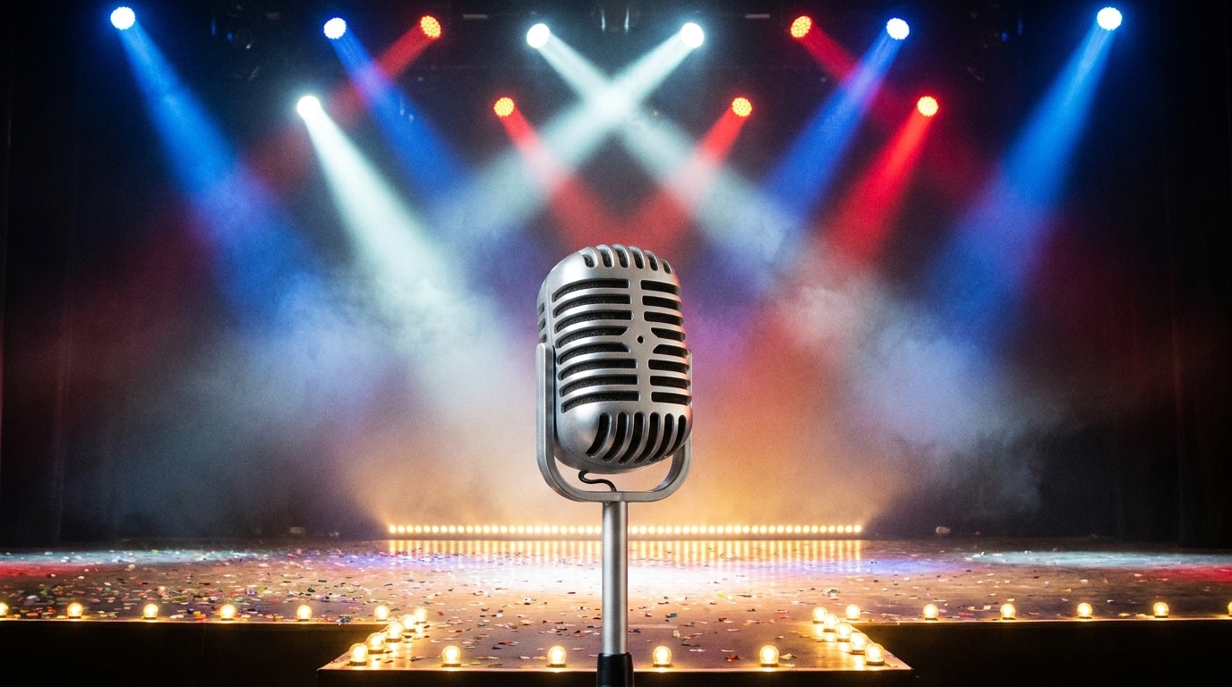 Microphone sur scène vide avec projecteurs tricolores et confettis
