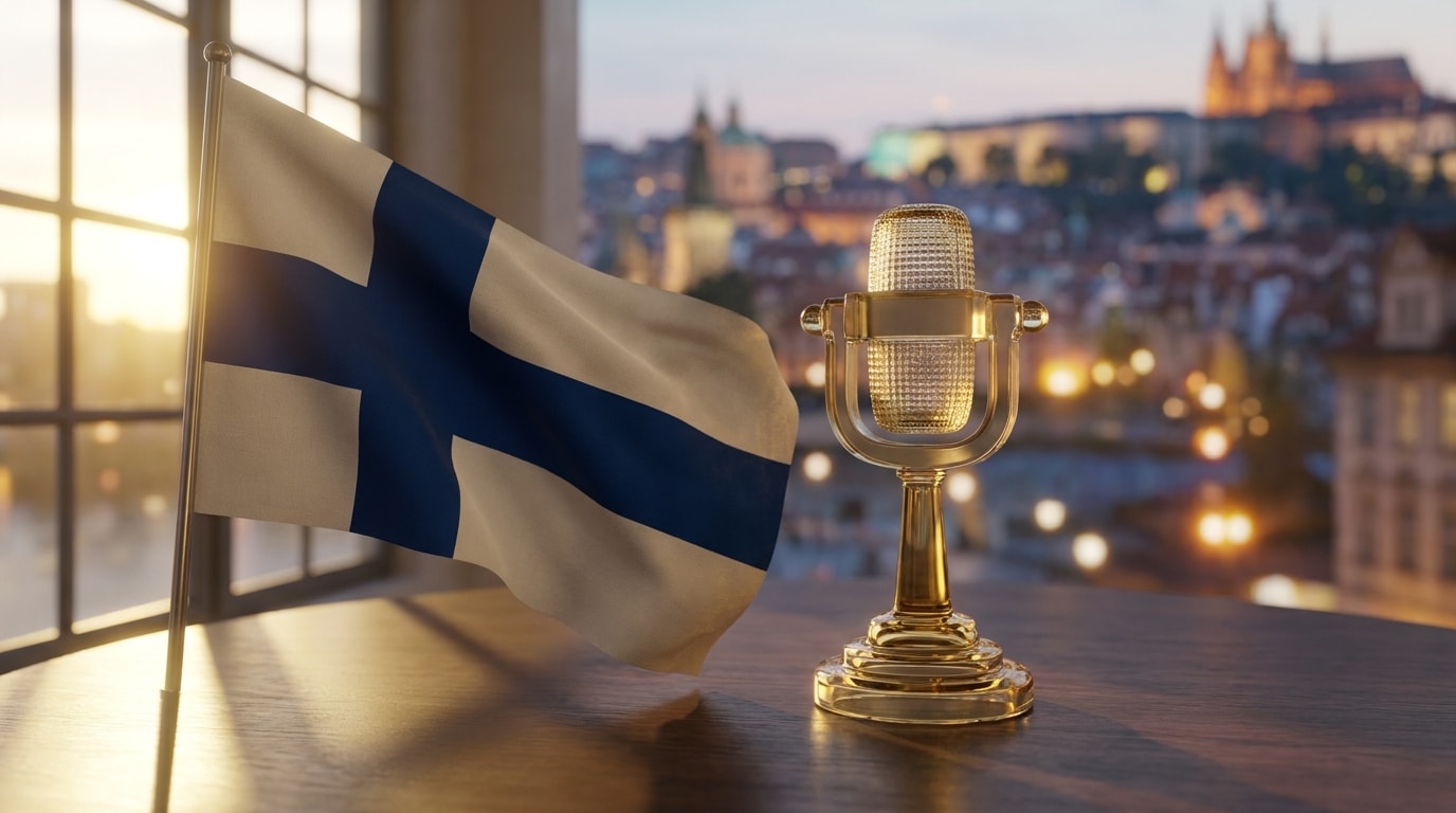Drapeau finlandais et trophée Eurovision dorés sur table