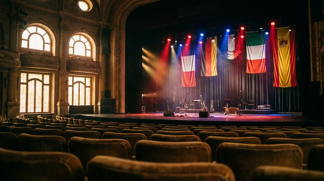 Scène de concert européen illuminée par des projecteurs colorés
