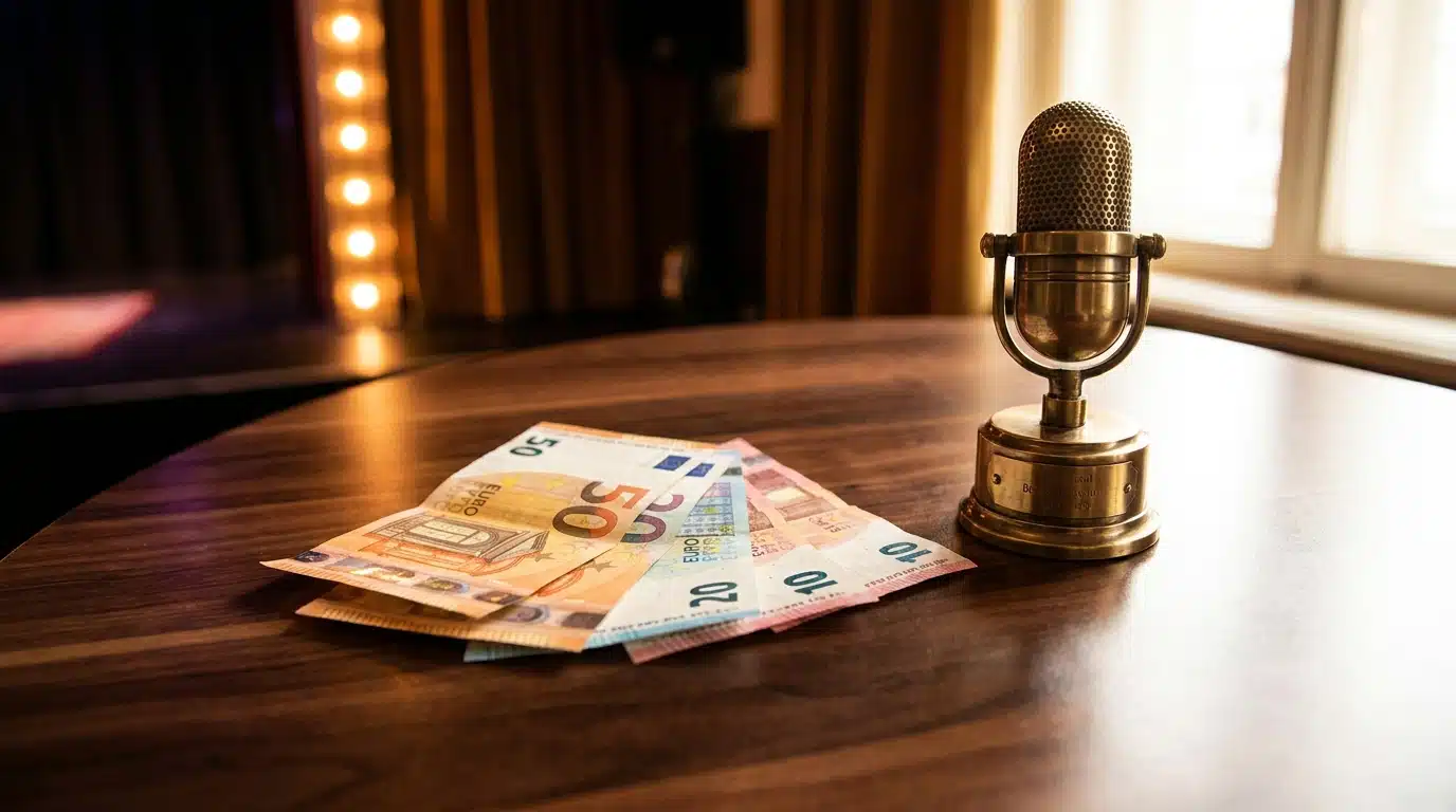 Billets en euros posés près d'un micro doré sur table