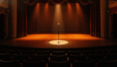 Scène de concert vide avec un micro sous un projecteur