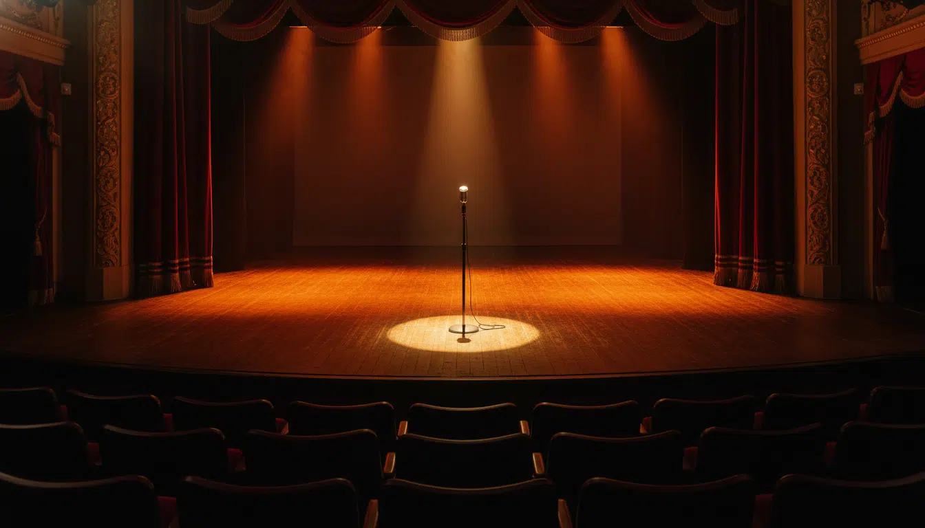 Scène de concert vide avec un micro sous un projecteur