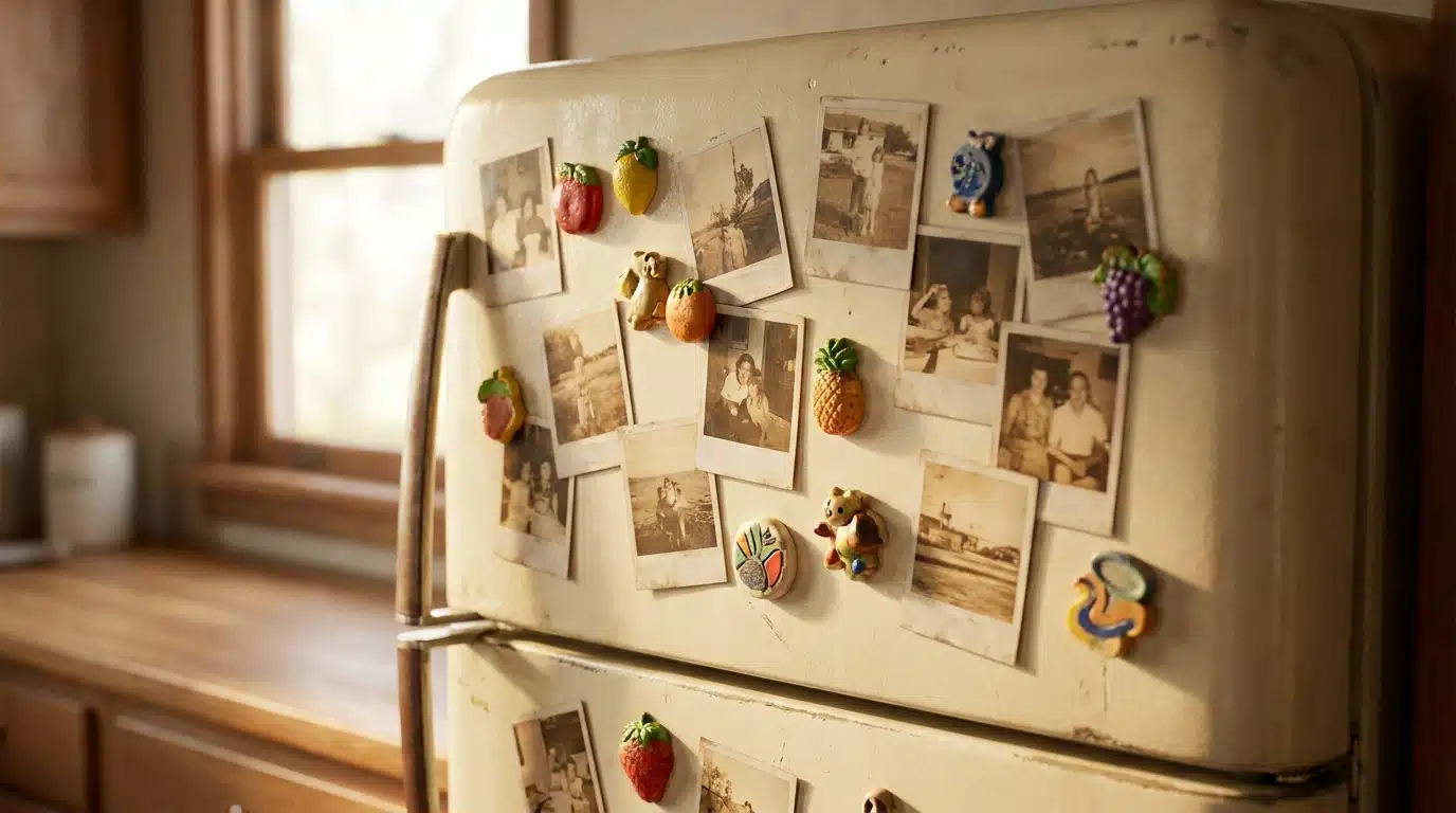 Photos souvenirs accrochées sur une porte de réfrigérateur vintage