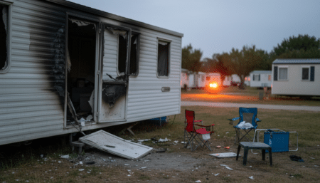 Mobil-home endommagé par une explosion dans un camping
