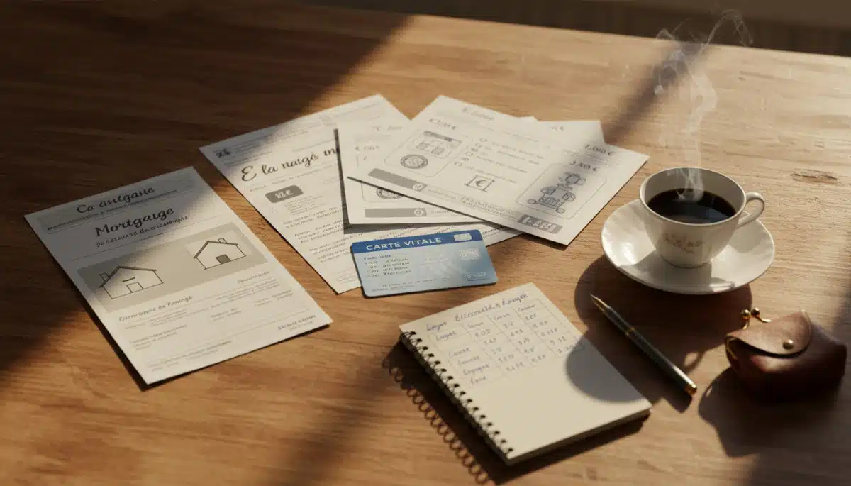 Factures et budget mensuel posés sur un bureau en bois