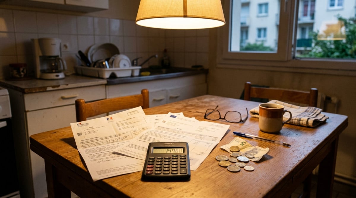 Factures et calculatrice sur une table de cuisine