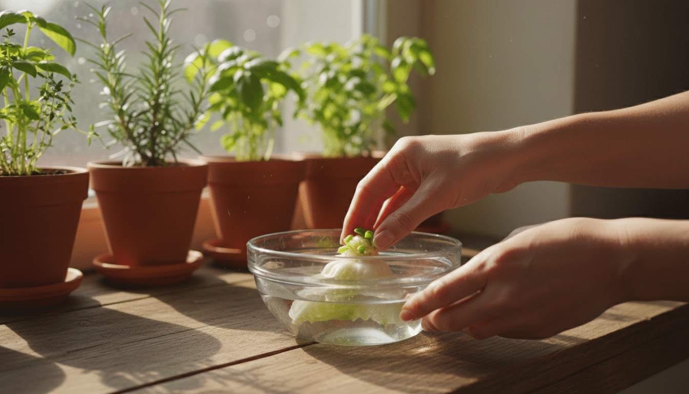 Base de salade romaine dans un bol d'eau au bord d'une fenêtre