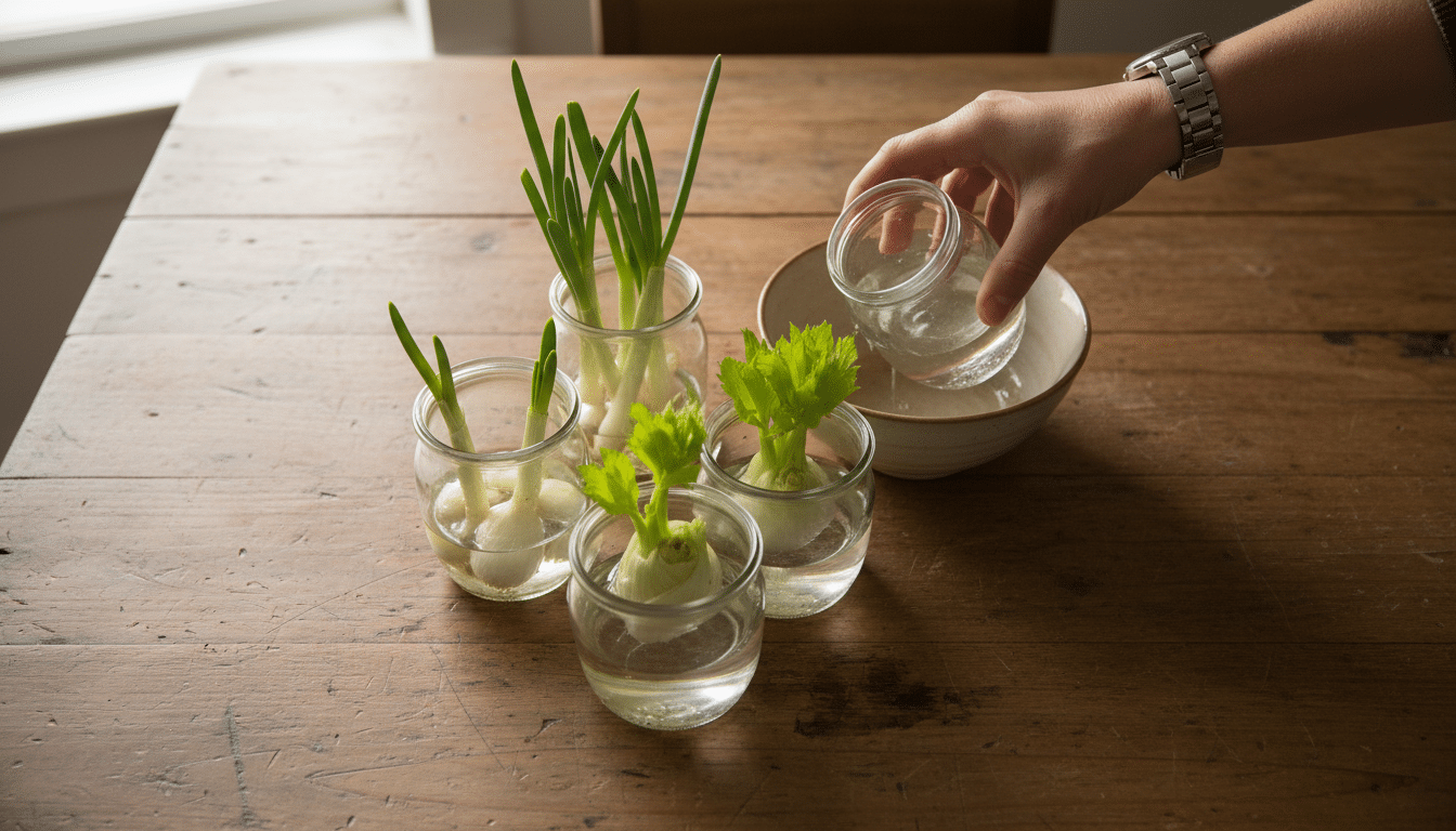 Restes de légumes en train de bourgeonner dans des bocaux en verre