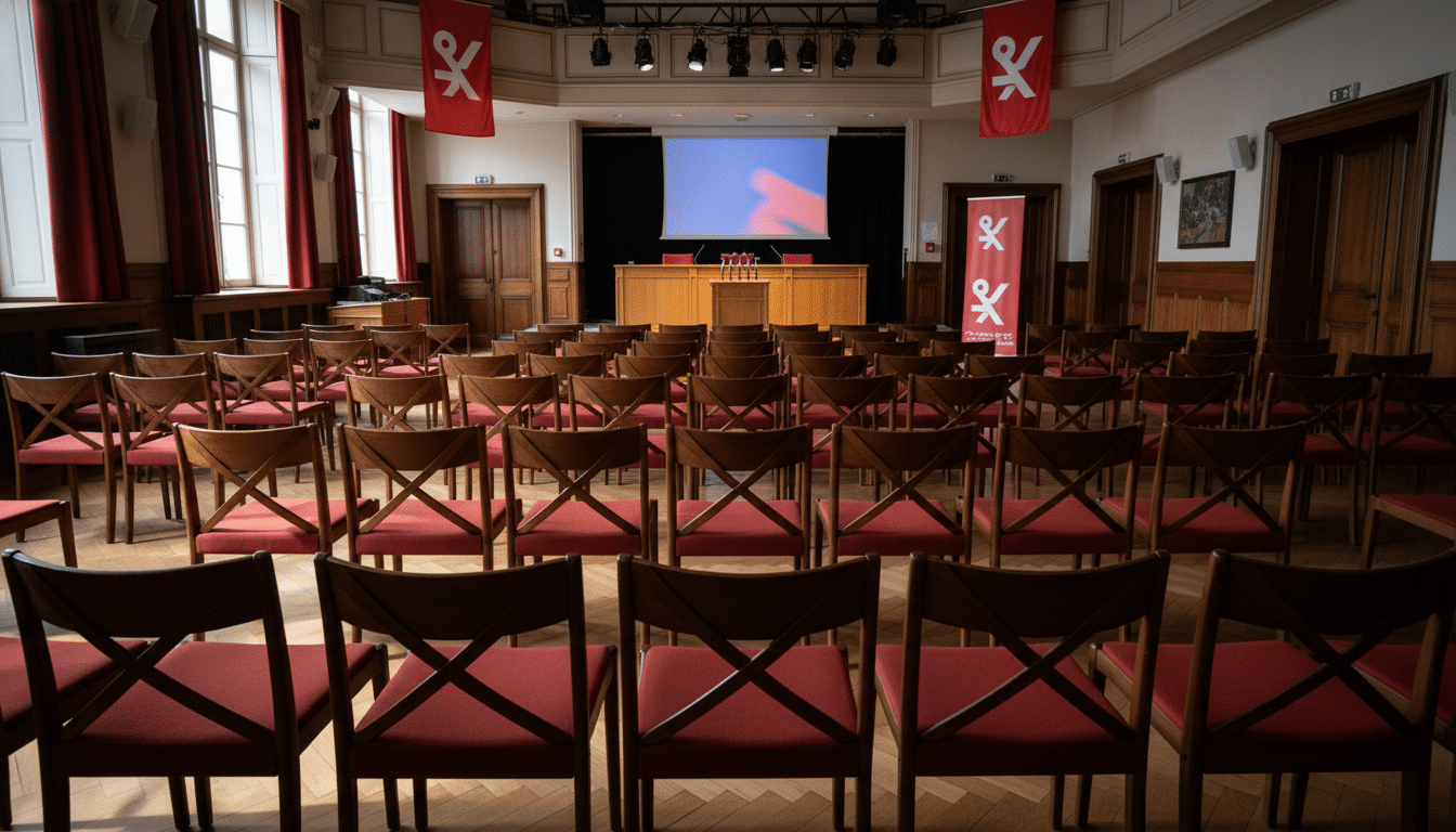 Salle de réunion politique de la gauche française avant un rassemblement militant