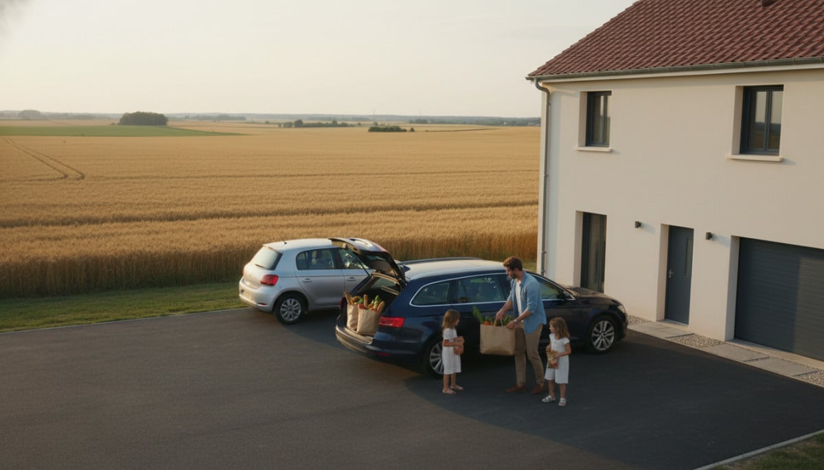 Famille chargeant ses courses en voiture devant une maison en Beauce