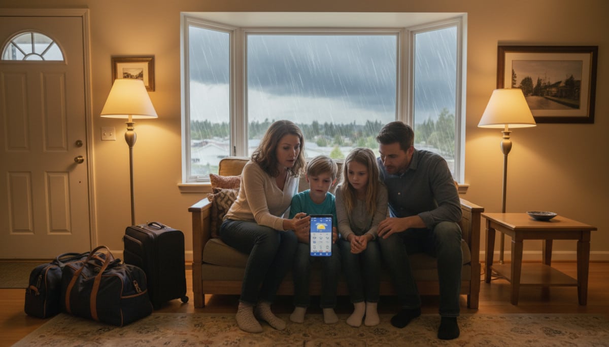 Famille consultant la météo avant le retour de week-end