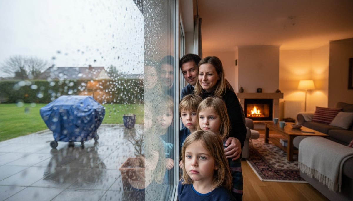 Famille déçue face à un week-end pluvieux en France