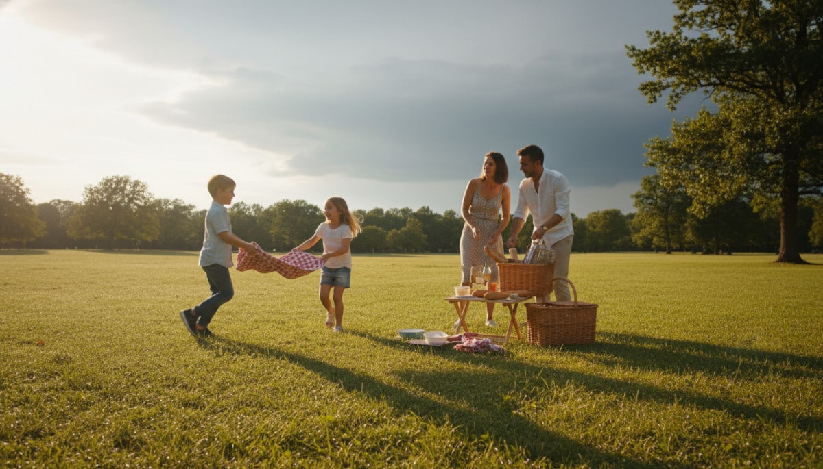 Famille en pique-nique avec nuages menaçants à l'horizon