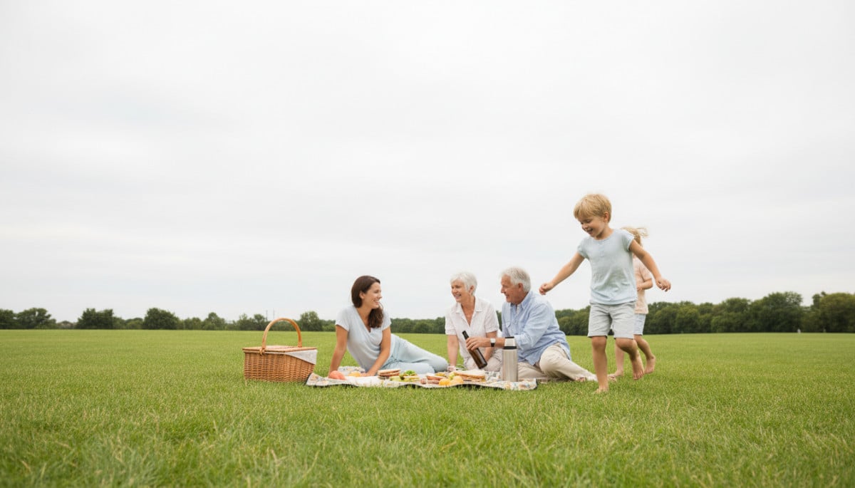 Famille en pique-nique sous ciel couvert sans protection