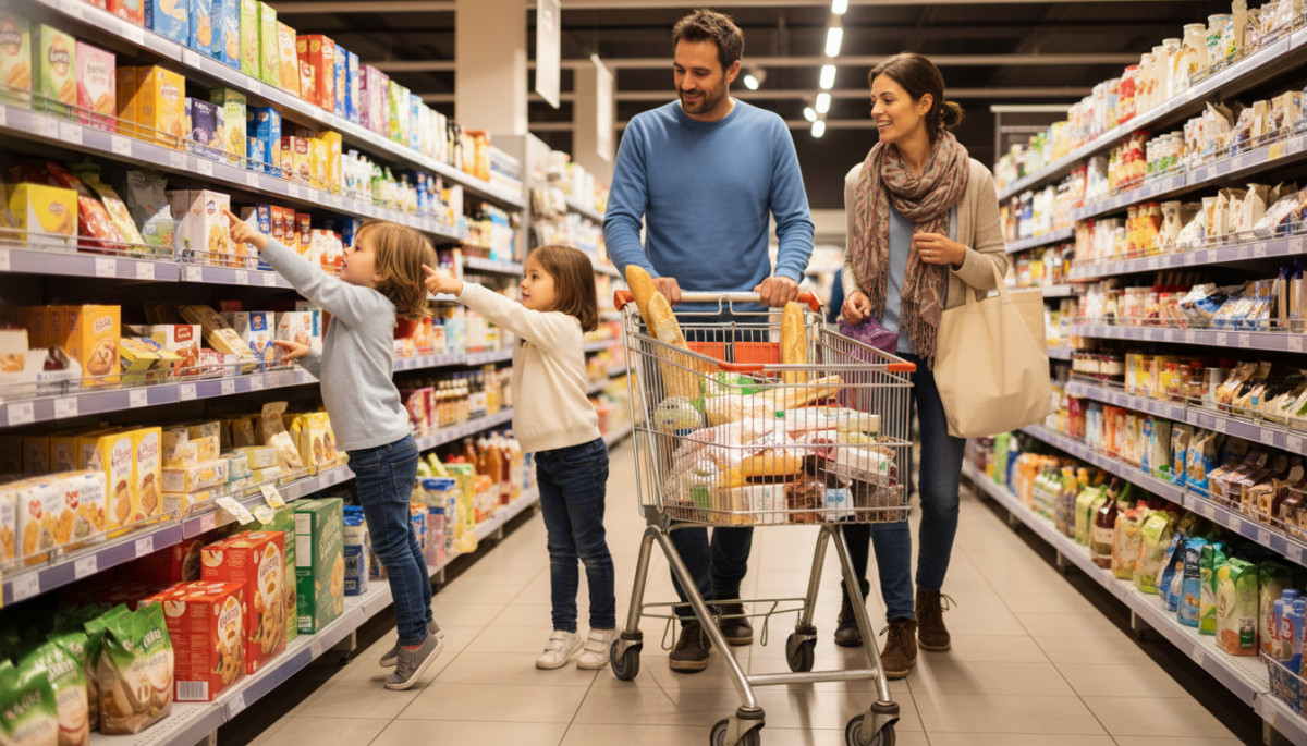 Famille faisant les courses au supermarché