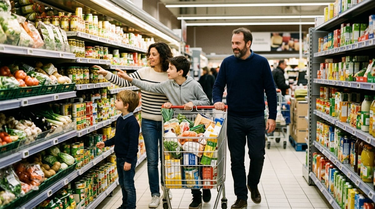 Famille faisant ses courses au supermarché
