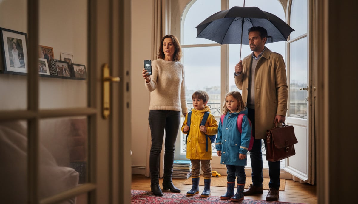 Famille française prépare parapluie ciel nuageux lundi