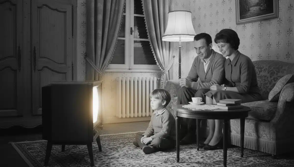 Famille française regardant une télévision en noir et blanc dans les années 60.