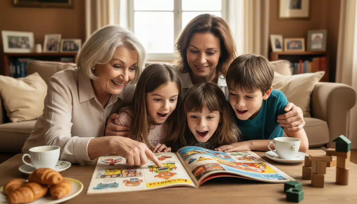 Famille française surprise devant un ancien catalogue de jouets.