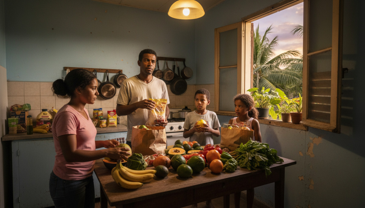 Famille guyanaise déballant ses courses dans la cuisine