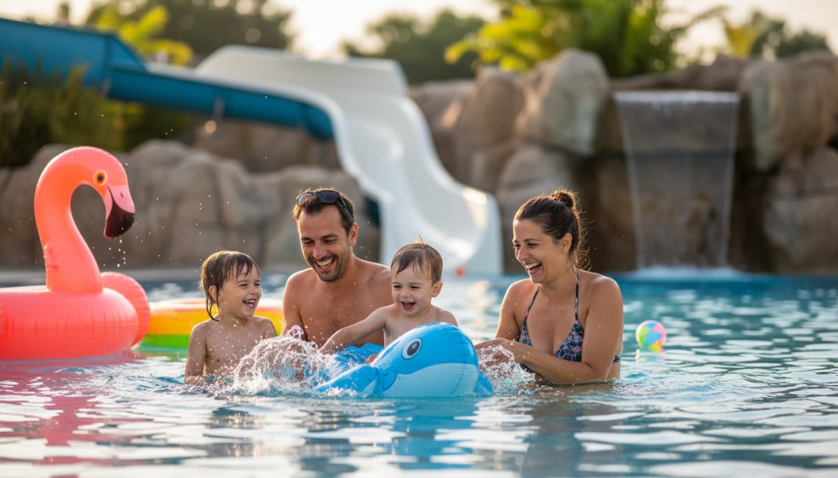 Famille heureuse jouant dans une piscine moderne, toboggans et jeux d'eau.