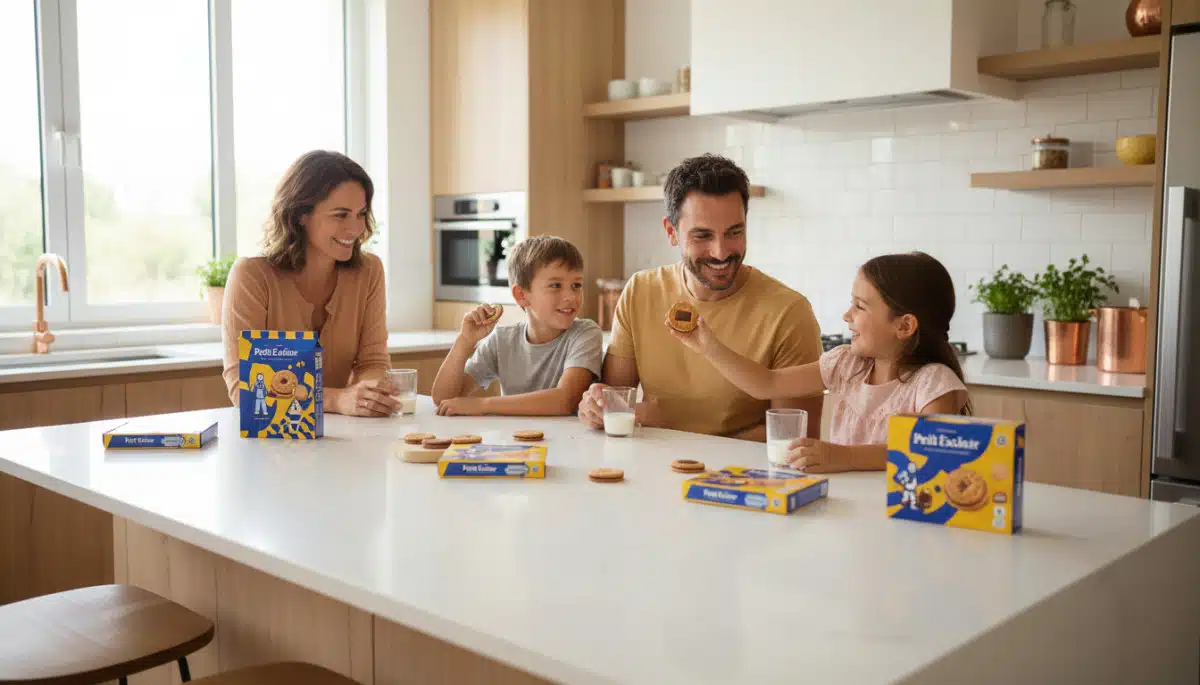 Famille moderne dégustant des biscuits Petit Écolier actuels.