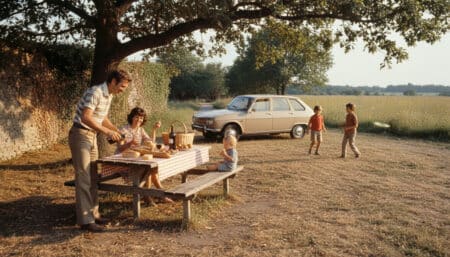 Famille pique-niquant sur une aire d'autoroute des années 70.