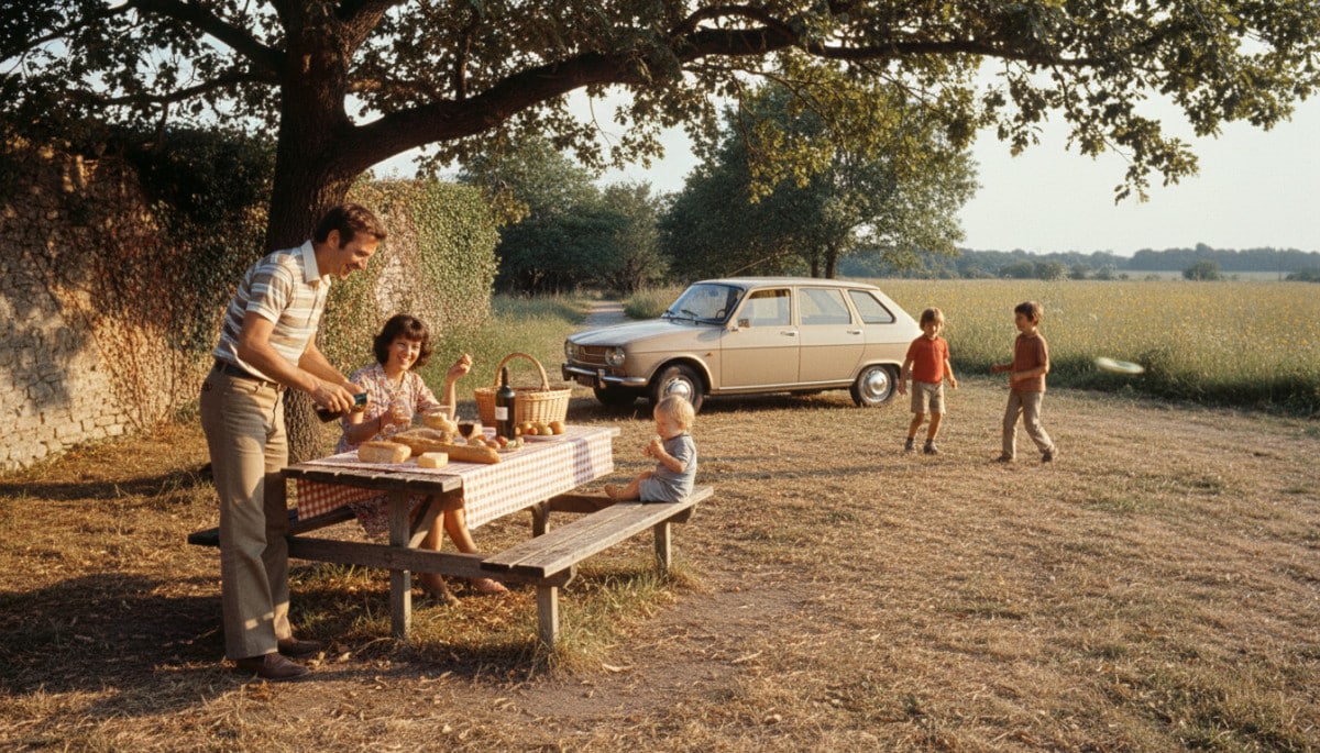 Famille pique-niquant sur une aire d'autoroute des années 70.