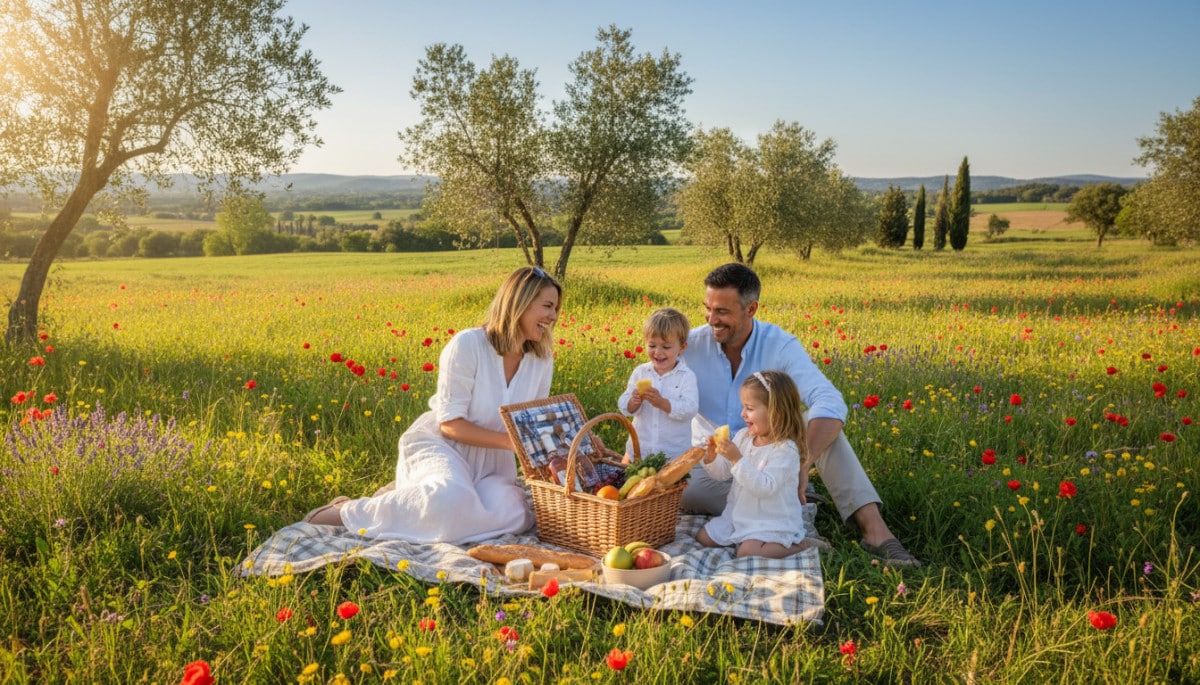 Famille préparant un pique-nique au soleil en France