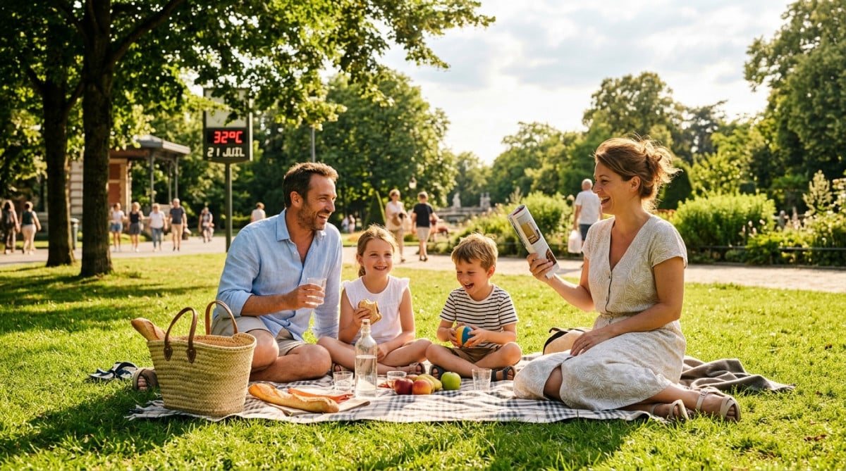 Famille profitant de la chaleur estivale dans un parc en France
