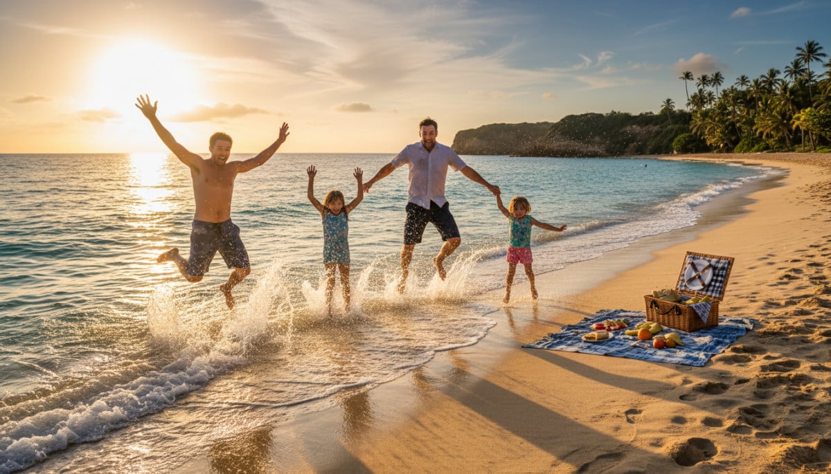 Famille qui plonge dans la mer après un pique-nique en été