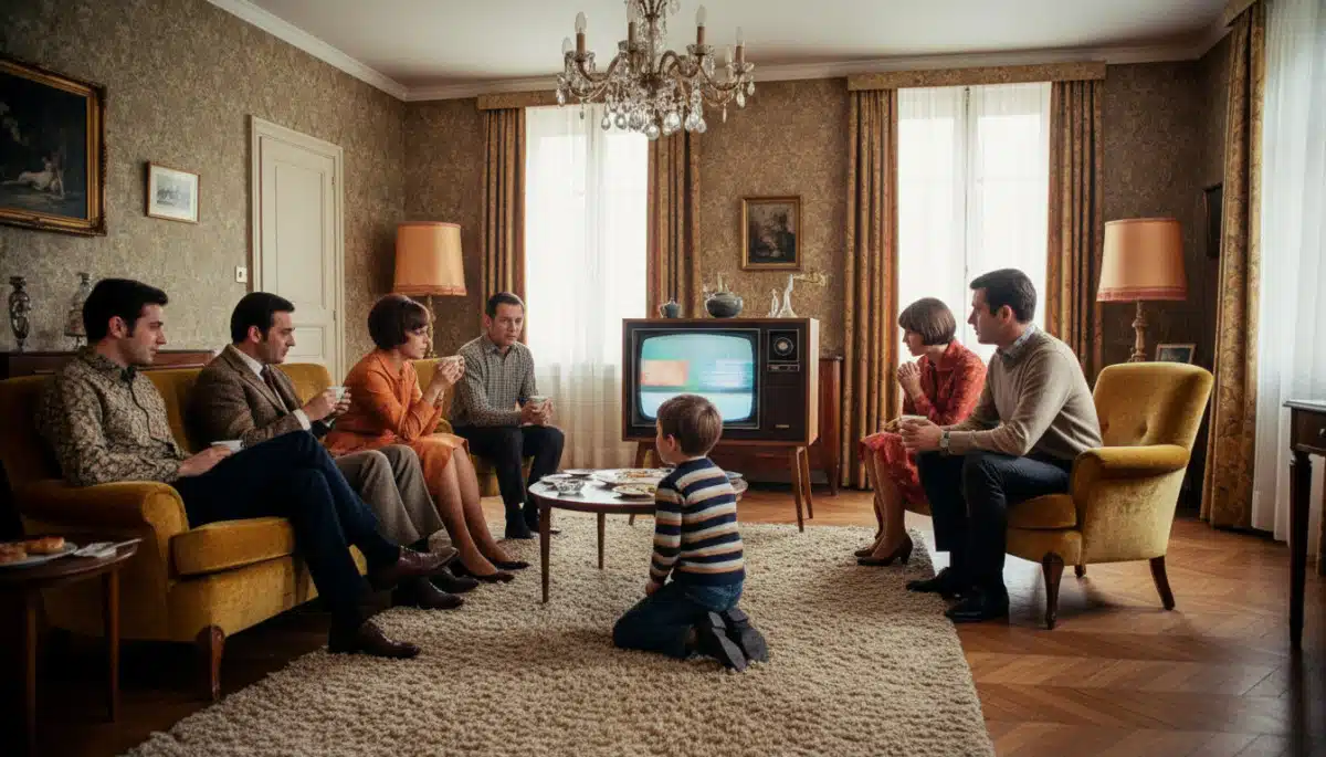 Famille réunie autour d'une télévision couleur dans un salon français des années 70.