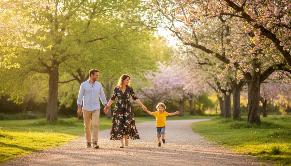 Famille se promenant au parc sous le soleil de mai