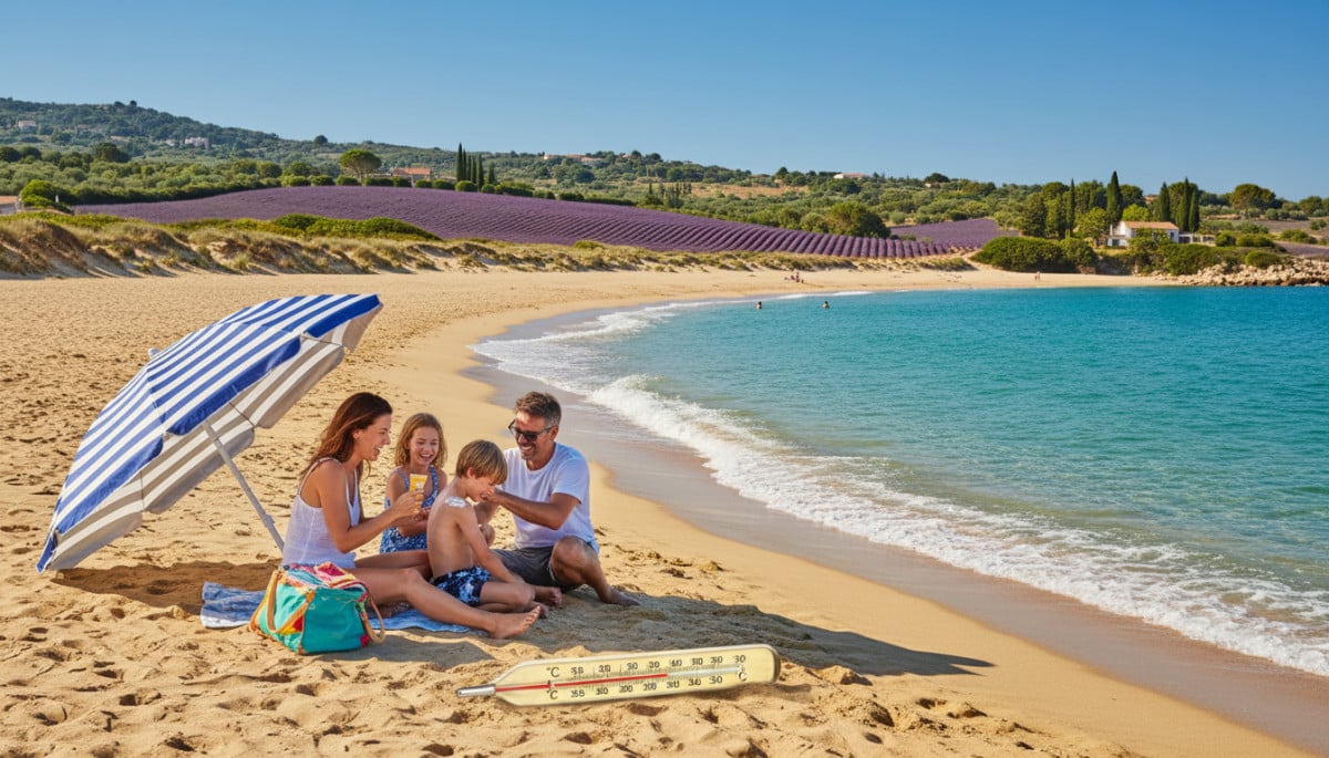 Famille sur une plage du sud de la France sous le soleil