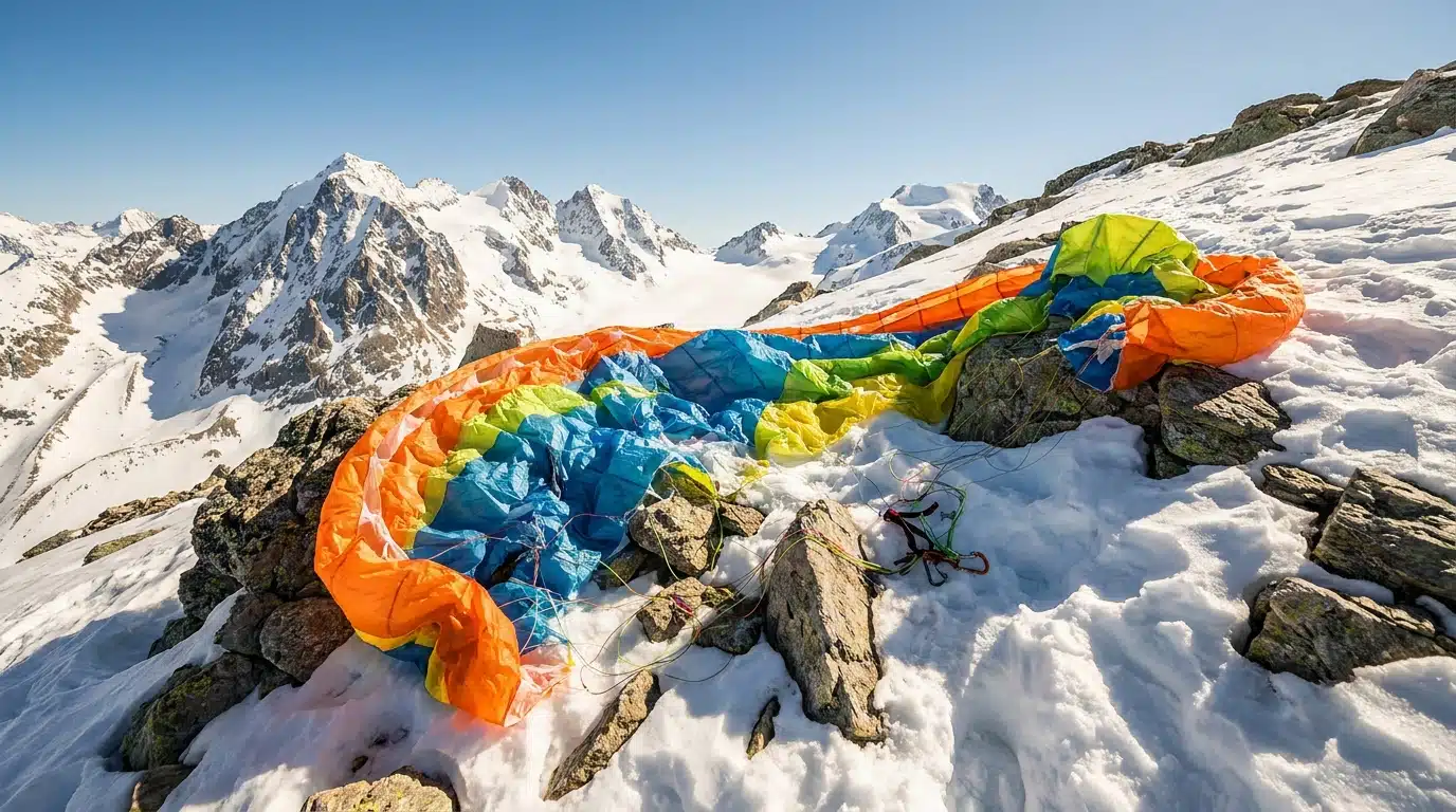 Voile de parapente déchirée dans un ciel alpin ensoleillé