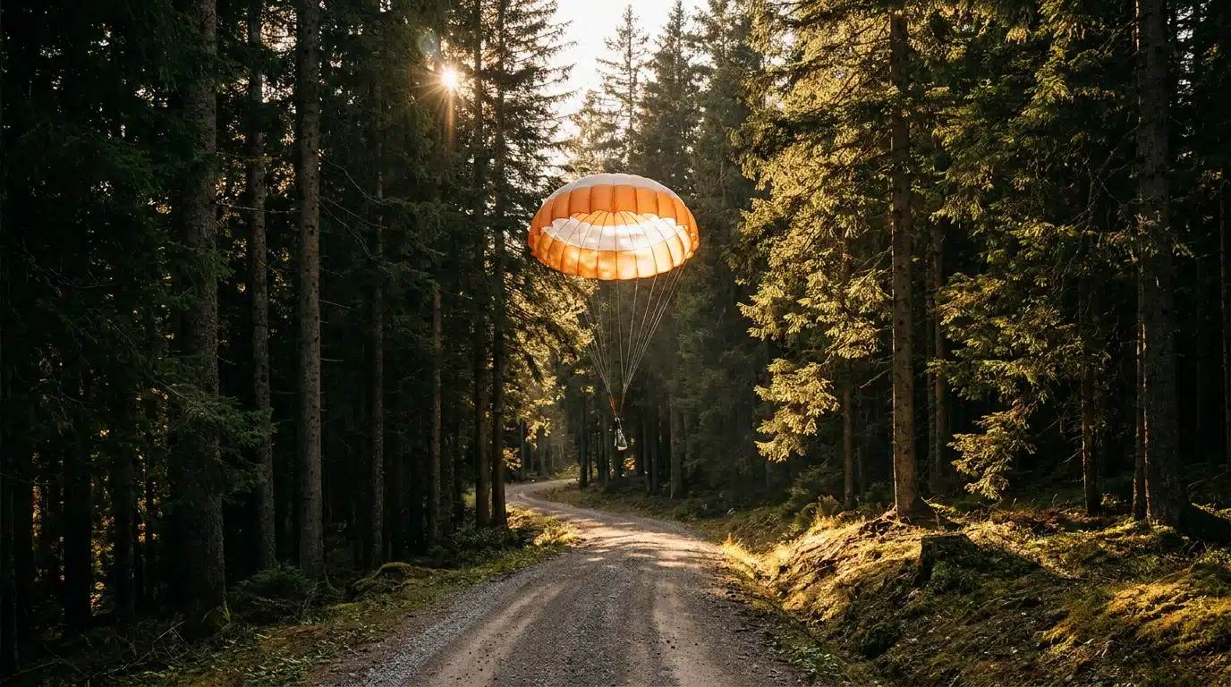 Parachute de secours déployé au-dessus d'une route forestière