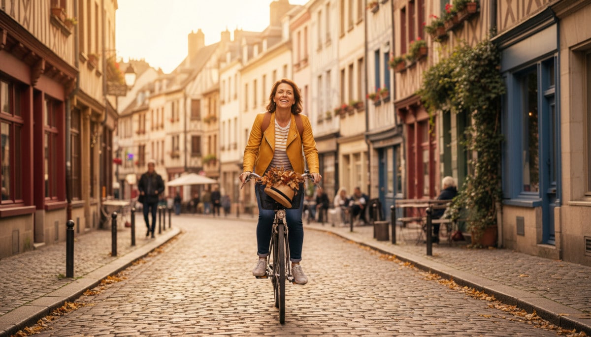 Femme à vélo dans les rues historiques de Rouen