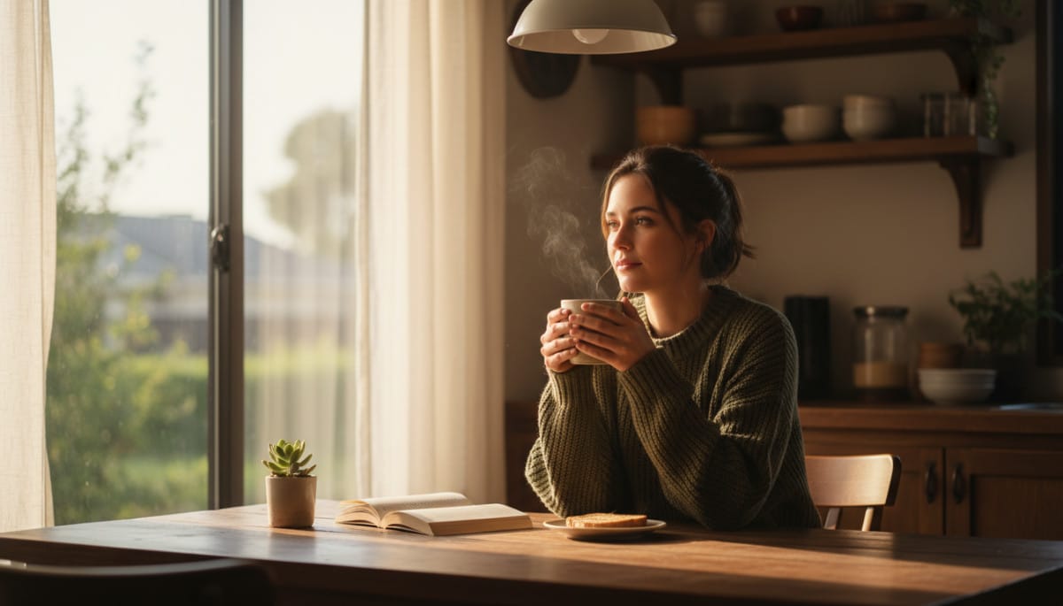 femme absente tenant un café le matin