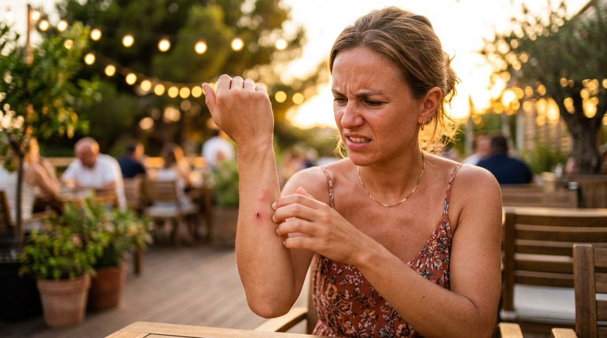 Femme agacée par une piqûre de moustique en terrasse l'été