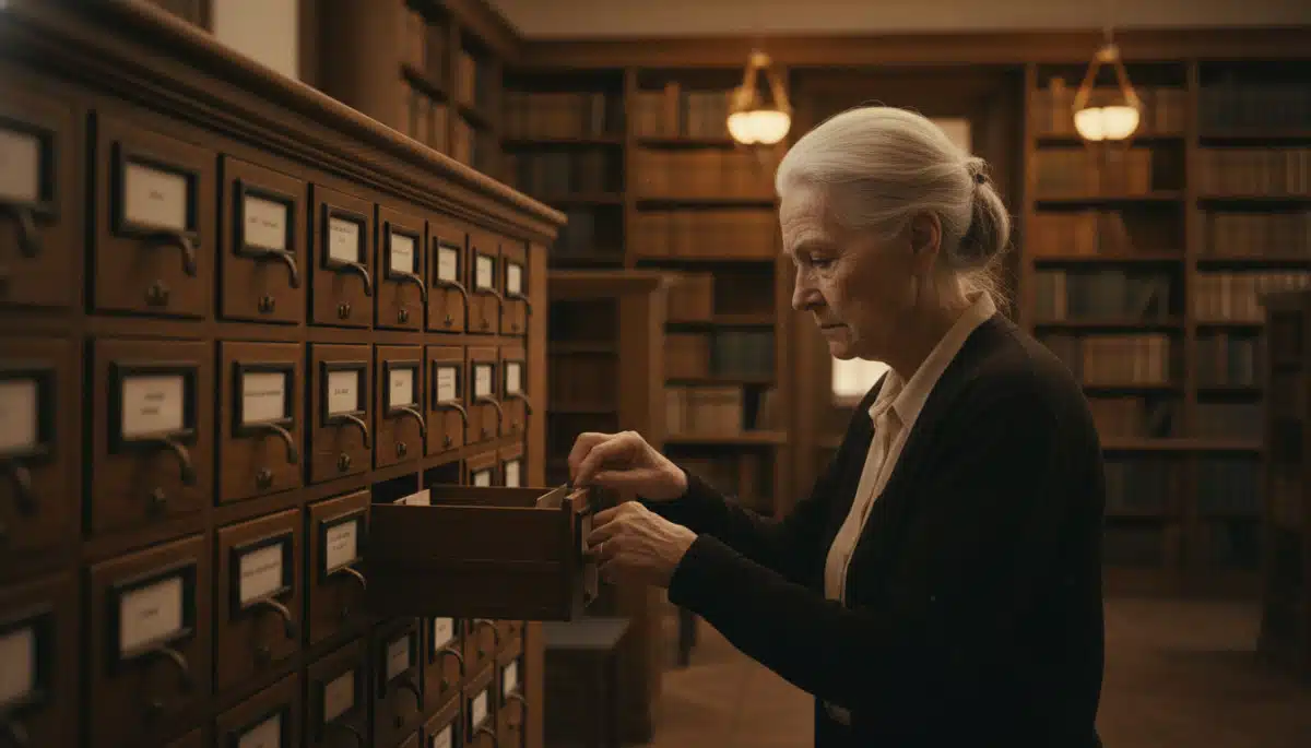 Femme âgée consultant un fichier de bibliothèque ancien.