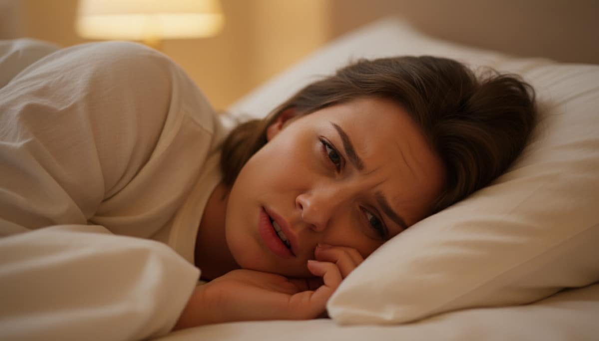 Femme allongée la nuit avec nez bouché d'un côté