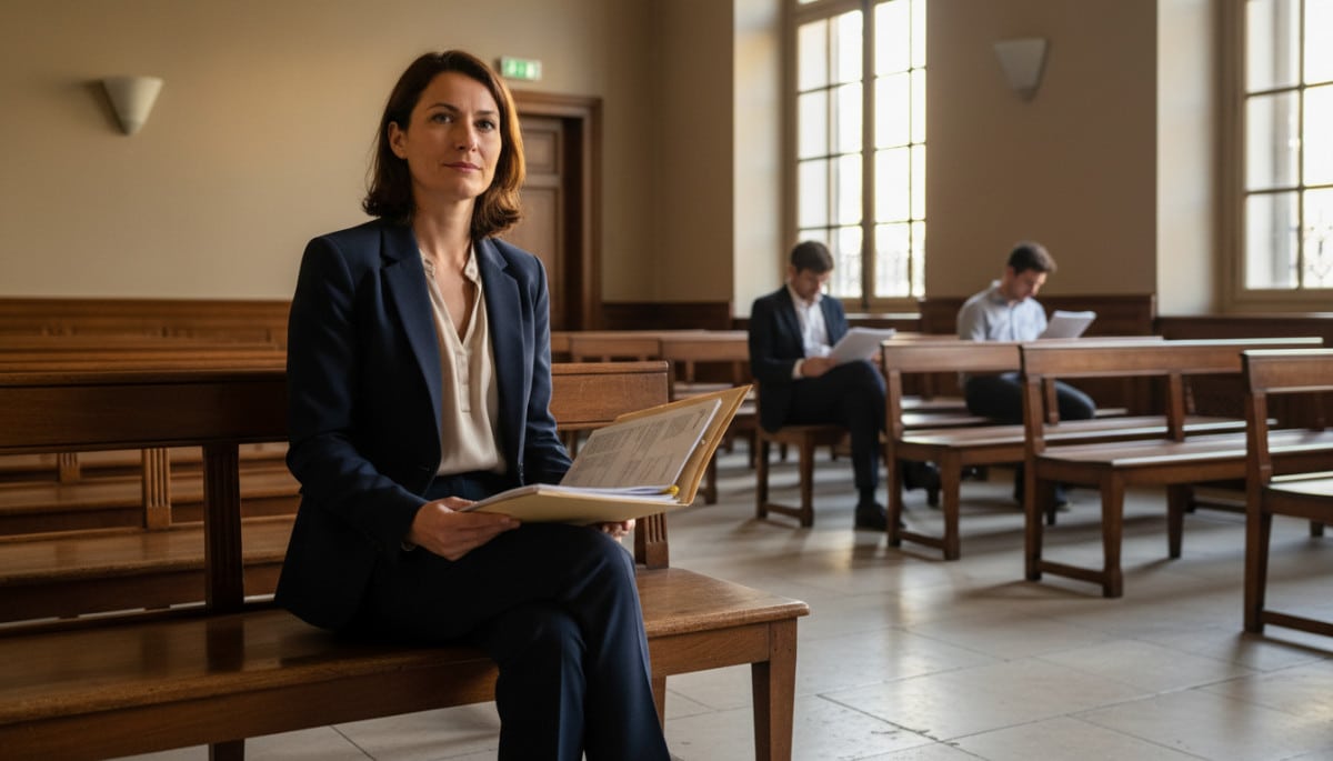 Femme attendant à l'entrée du conseil de prud'hommes