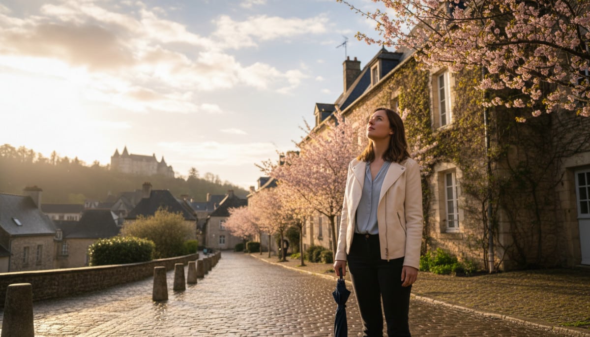 Femme avec parapluie sous ciel nuageux printanier