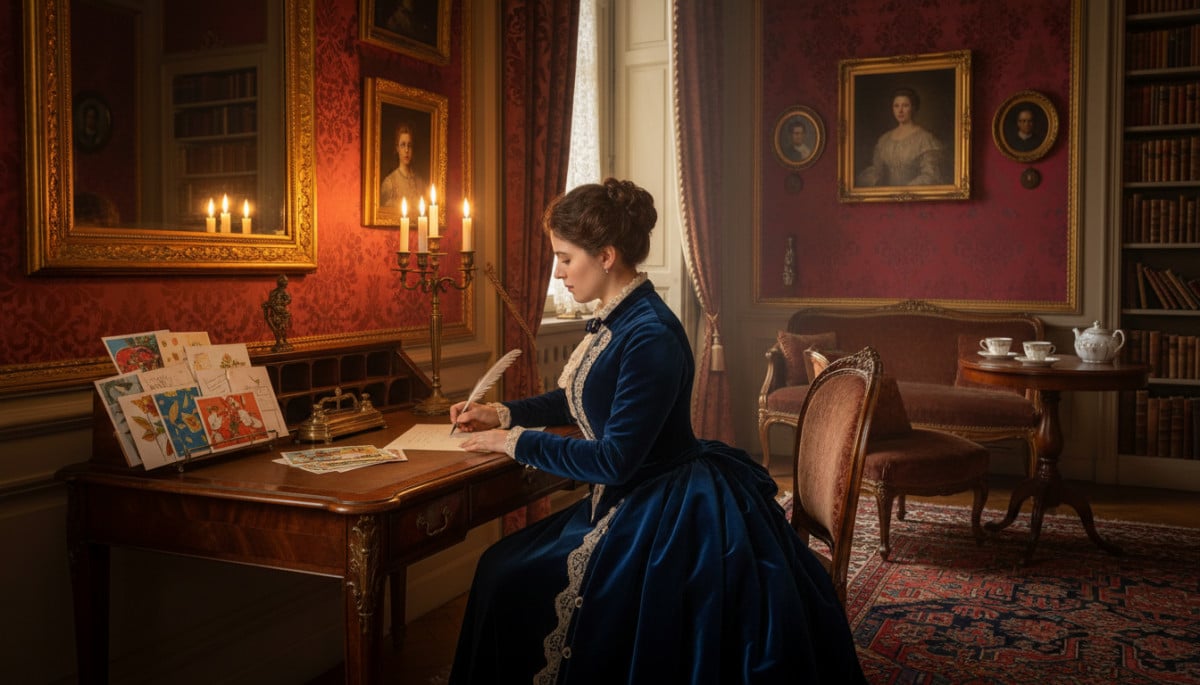 Femme bourgeoise écrivant ses vœux du Nouvel An au XIXe siècle