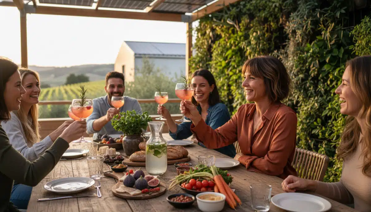 Femme célébrant un apéro tendance et éco-responsable.