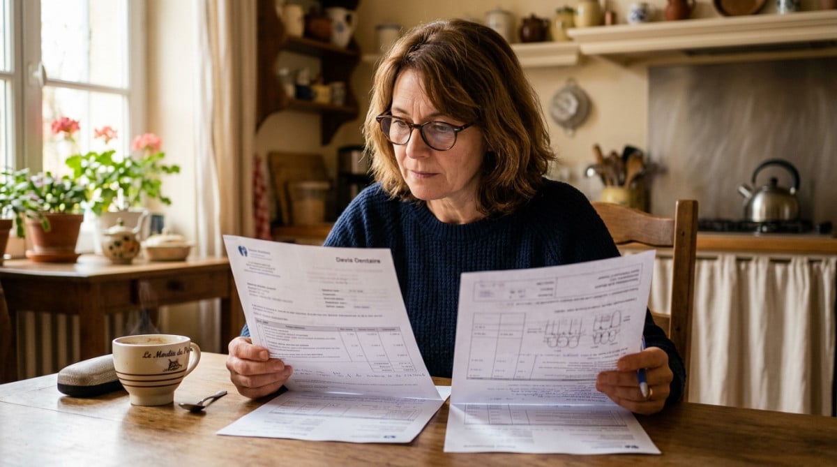 Femme comparant deux devis dentaires à la maison